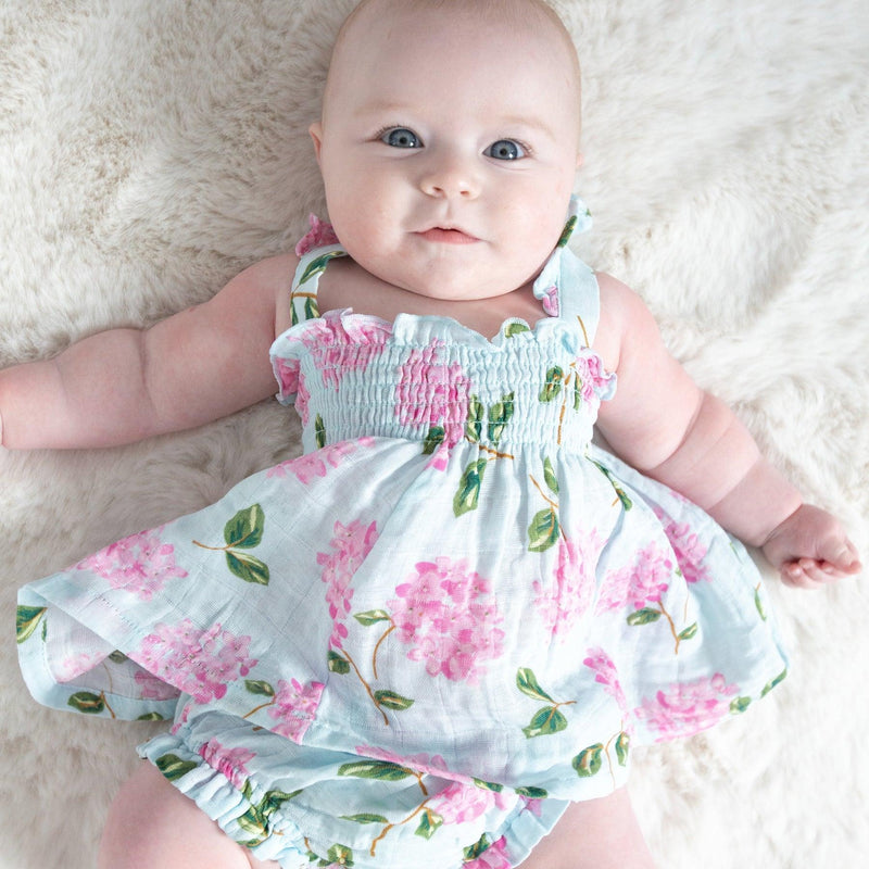 Baby Girls Dress | Ruffly Strap Smocked Top and Diaper Cover- Hydrangeas | Angel Dear - The Ridge Kids