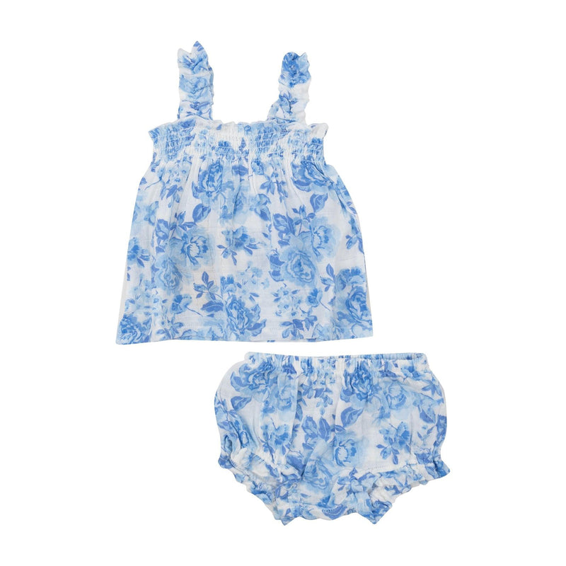 Baby Girls Dress | Ruffly Strap Top and Bloomer- Blue Roses | Angel Dear - The Ridge Kids