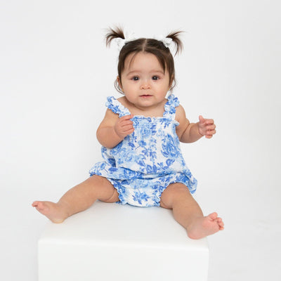 Baby Girls Dress | Ruffly Strap Top and Bloomer- Blue Roses | Angel Dear - The Ridge Kids