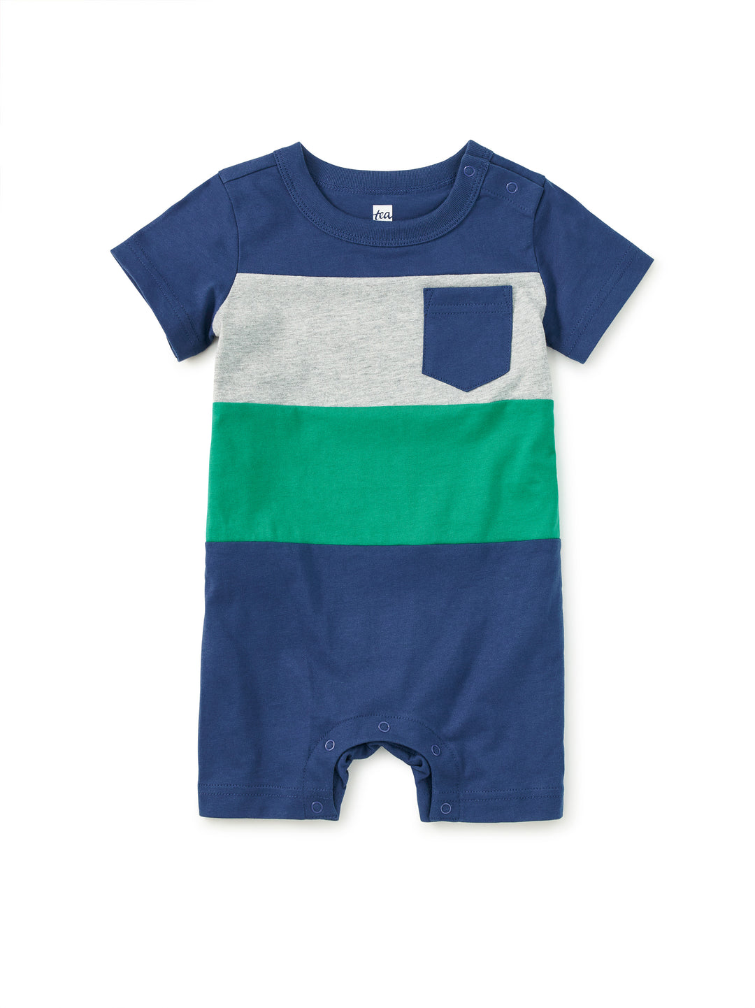 Color-blocked baby romper with blue, gray, and green sections on a white background