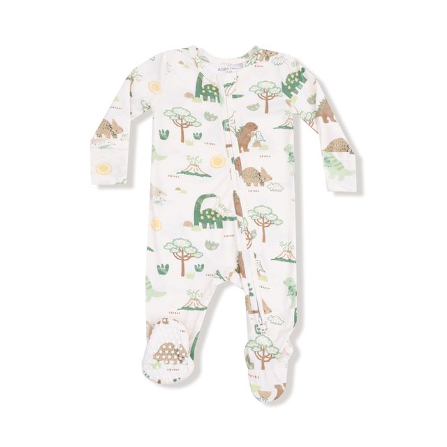 Footed Baby onesie with dinosaur pattern all over it. 
