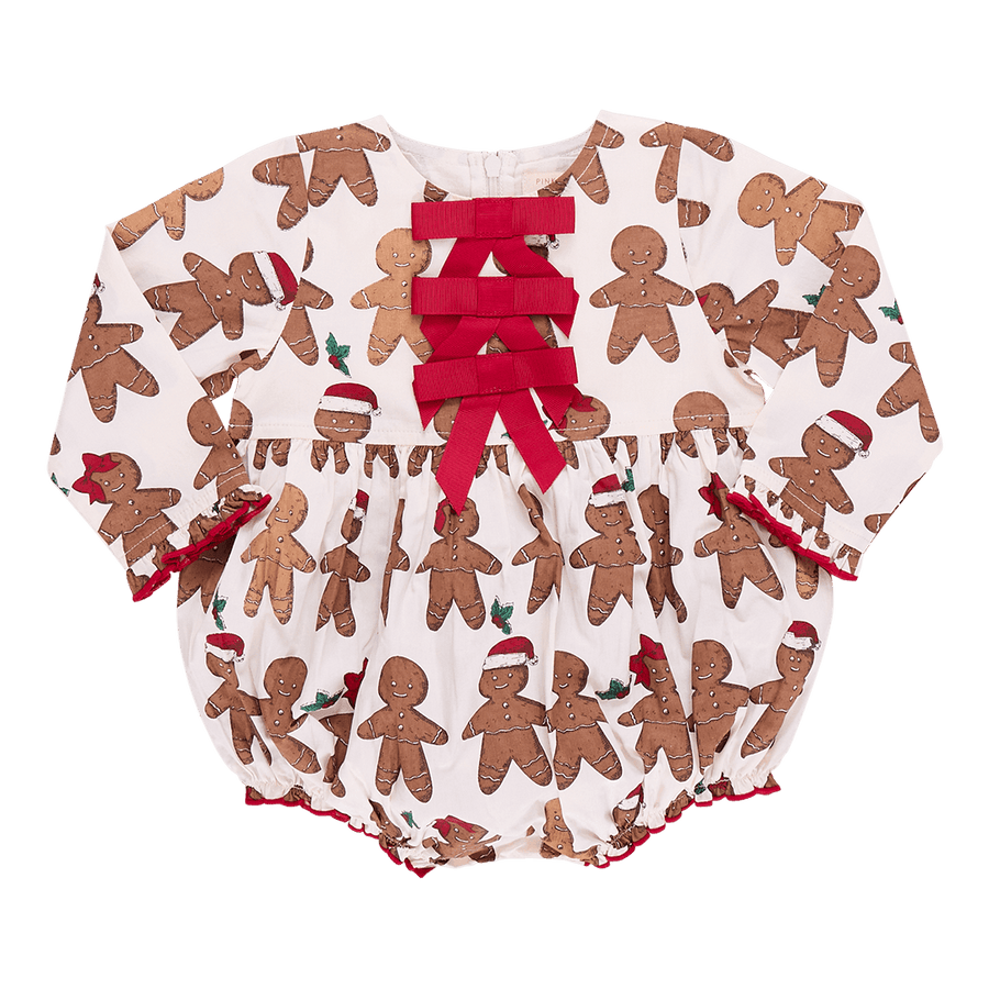 baby bubble, long sleeves with 3 red bows at the top of the chest. ivory background color with gingerbread boy and girl print on it. 