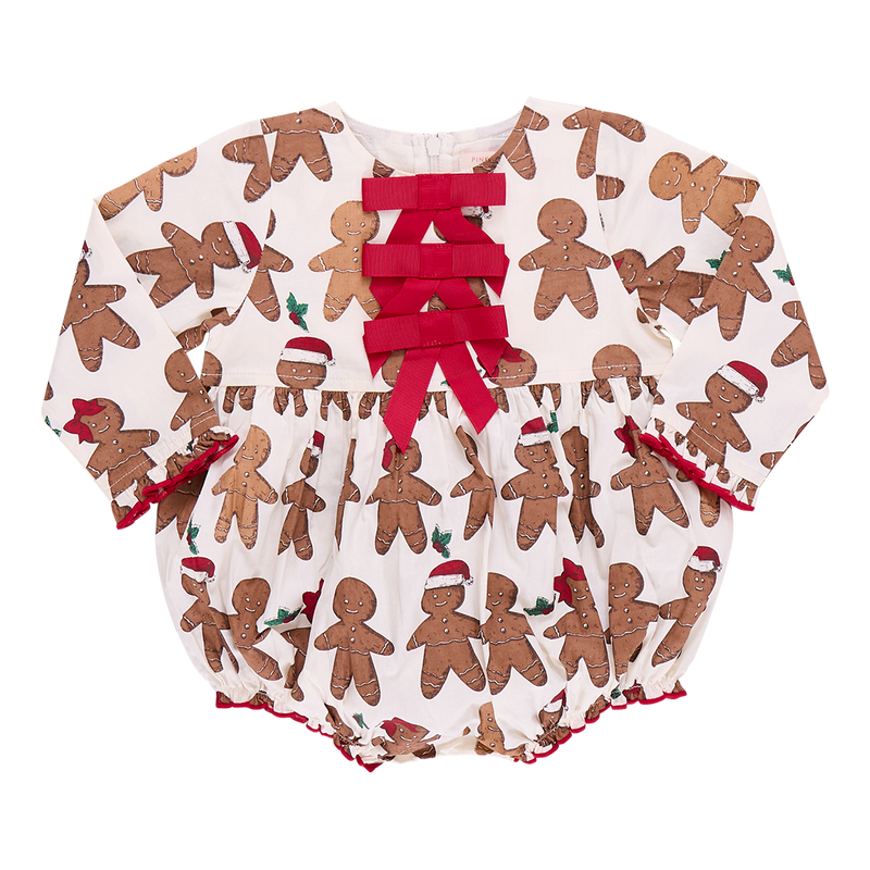 baby bubble, long sleeves with 3 red bows at the top of the chest. ivory background color with gingerbread boy and girl print on it. 