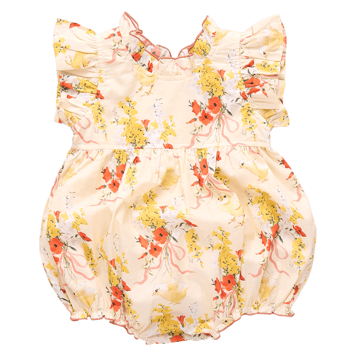 baby bubble in pale yellow with orange flowers, baby chicks and yellow flowers. 