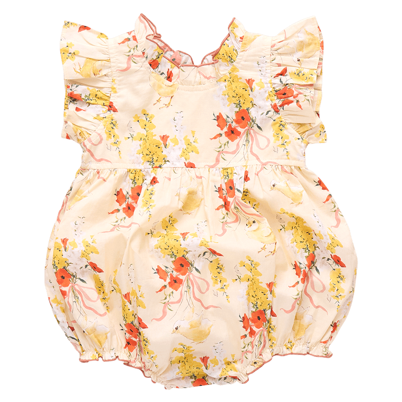 baby bubble in pale yellow with orange flowers, baby chicks and yellow flowers. 