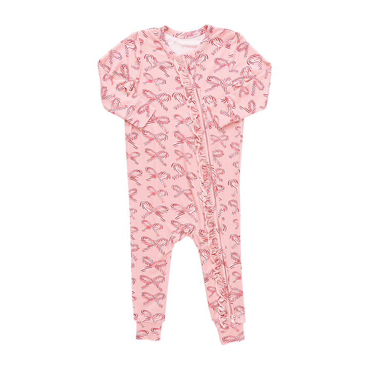 Pink baby onesie with candy cane pattern on a white background