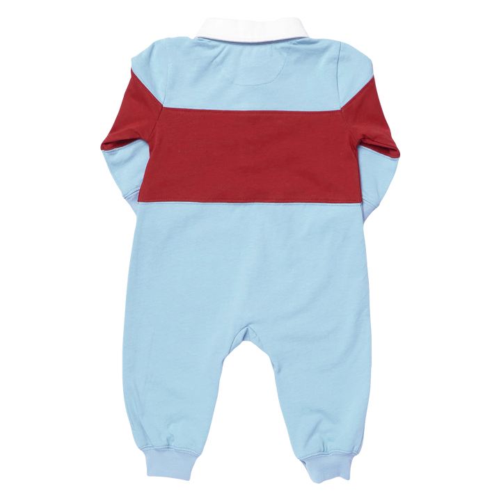 A baby long-sleeve one-piece romper shown from the back, featuring a light blue base color with a wide dark red horizontal stripe across the upper back and shoulders, and a white collar.