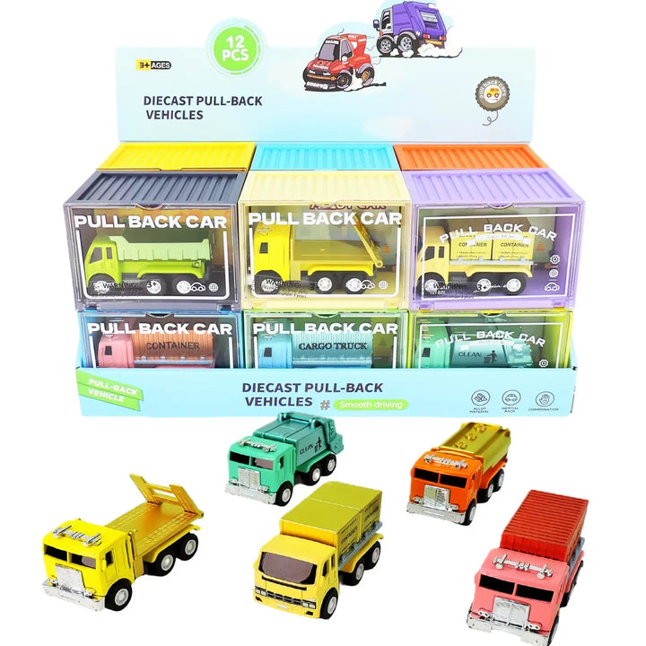 A retail display box and six loose toy diecast pull-back vehicles for kids. The set includes dump trucks, cargo trucks, and fire trucks in multiple bright colors, shown both inside the packaging and arranged in front on a white background.
