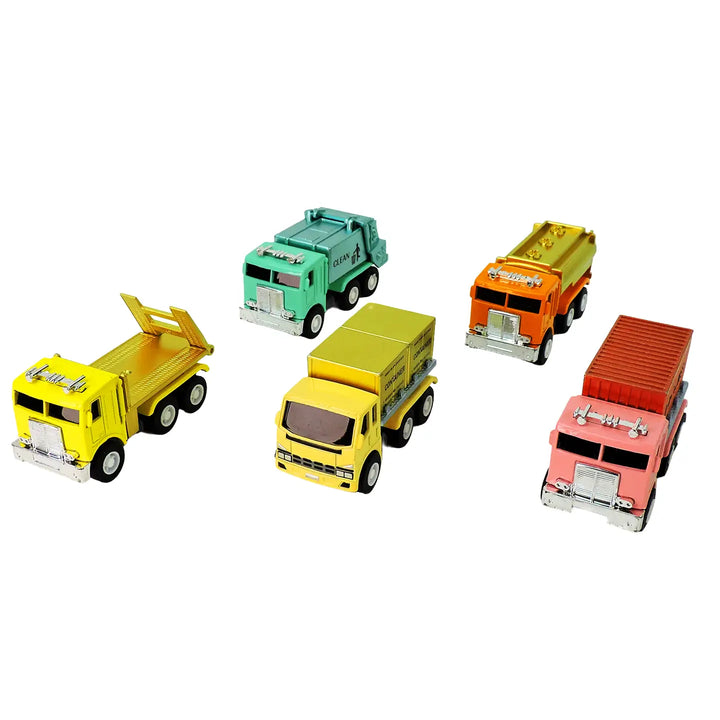 Set of colorful toy trucks on a white background