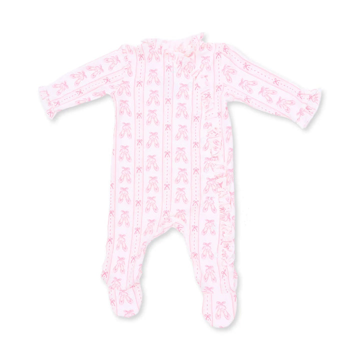 A light pink long-sleeve baby footed sleeper with an all-over pink ballet dancer pattern, shown flat on a white background.