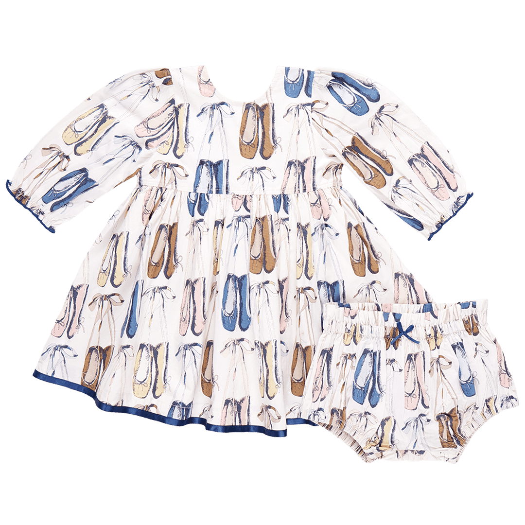 Baby dress with matching bloomers. Ballet slipper design: blue, taupe, beige and brown colors throughout the design. 