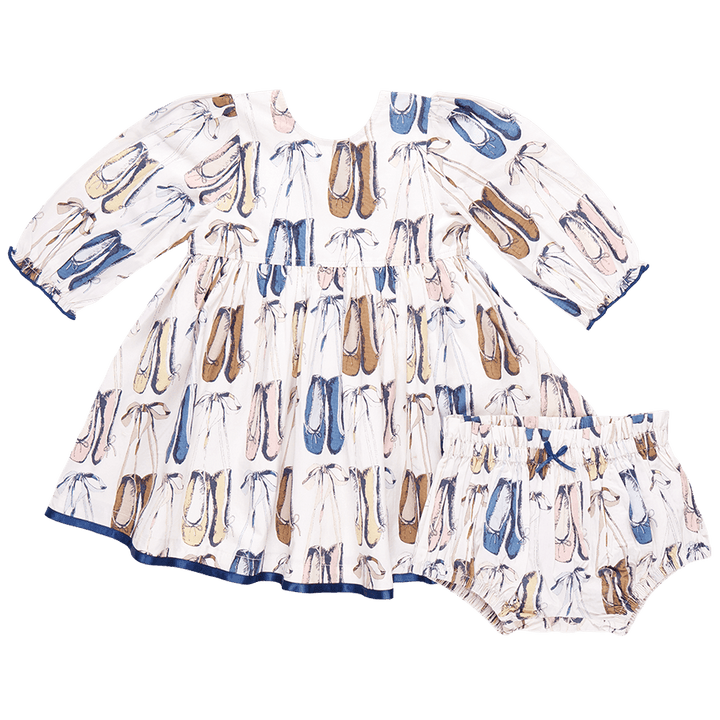 Baby dress with matching bloomers. Ballet slipper design: blue, taupe, beige and brown colors throughout the design. 