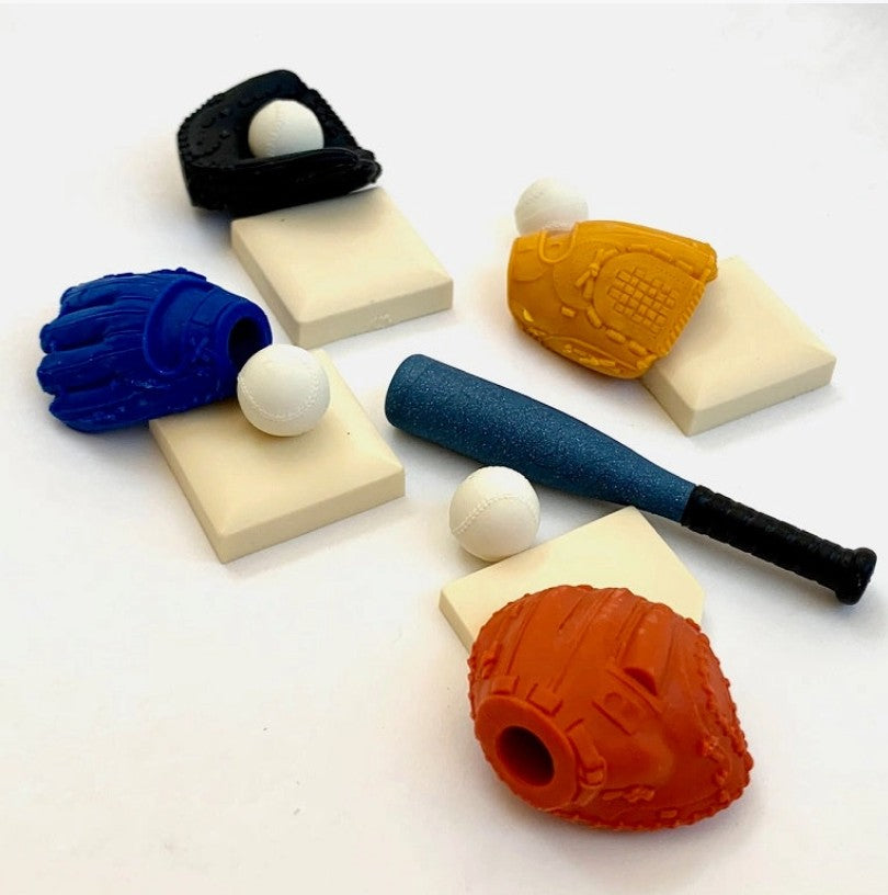 Set of colorful baseball-themed erasers on a white background