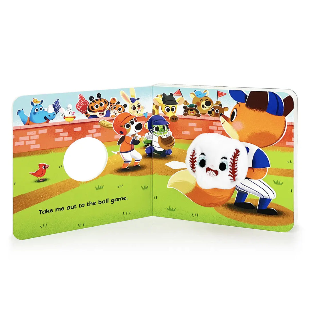 Children's book open to a page with cartoon characters on a baseball field