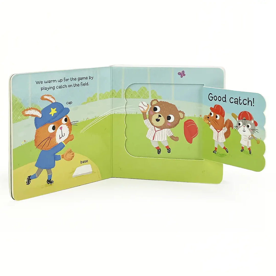 inside pages of the baseball board book which has lift the flap pages inside. 