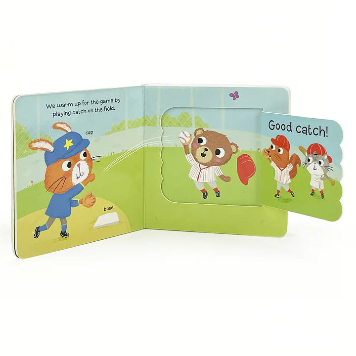 inside pages of the baseball board book which has lift the flap pages inside. 