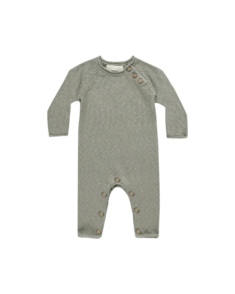 baby boy knit jumpsuit with buttons on the top and along the crotch. sweater knit material 