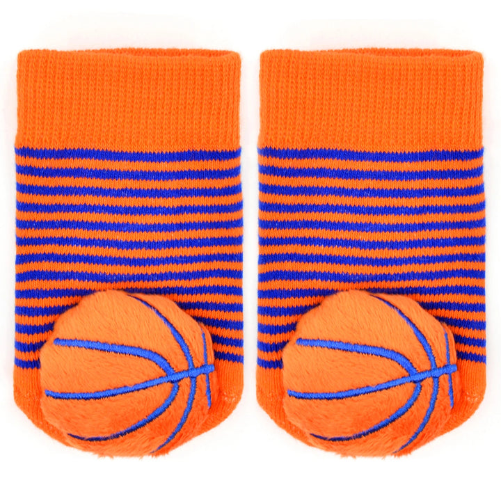 close up of the color and stitching of the basketballs on the socks. 