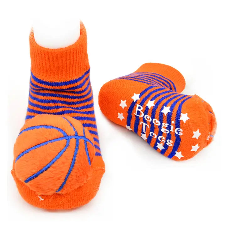 orange and blue stripe socks with basketball attached to the toe. 