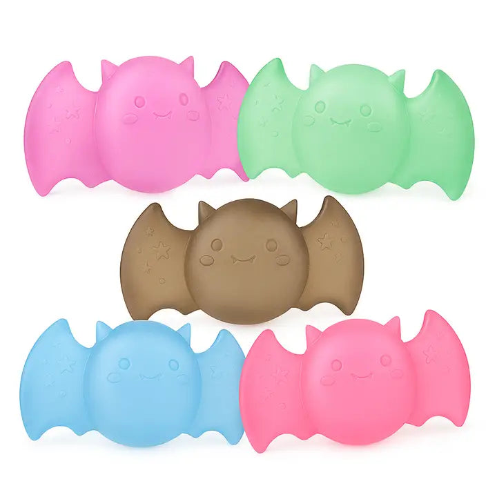 Five colorful bat-shaped squish toys  on a white background