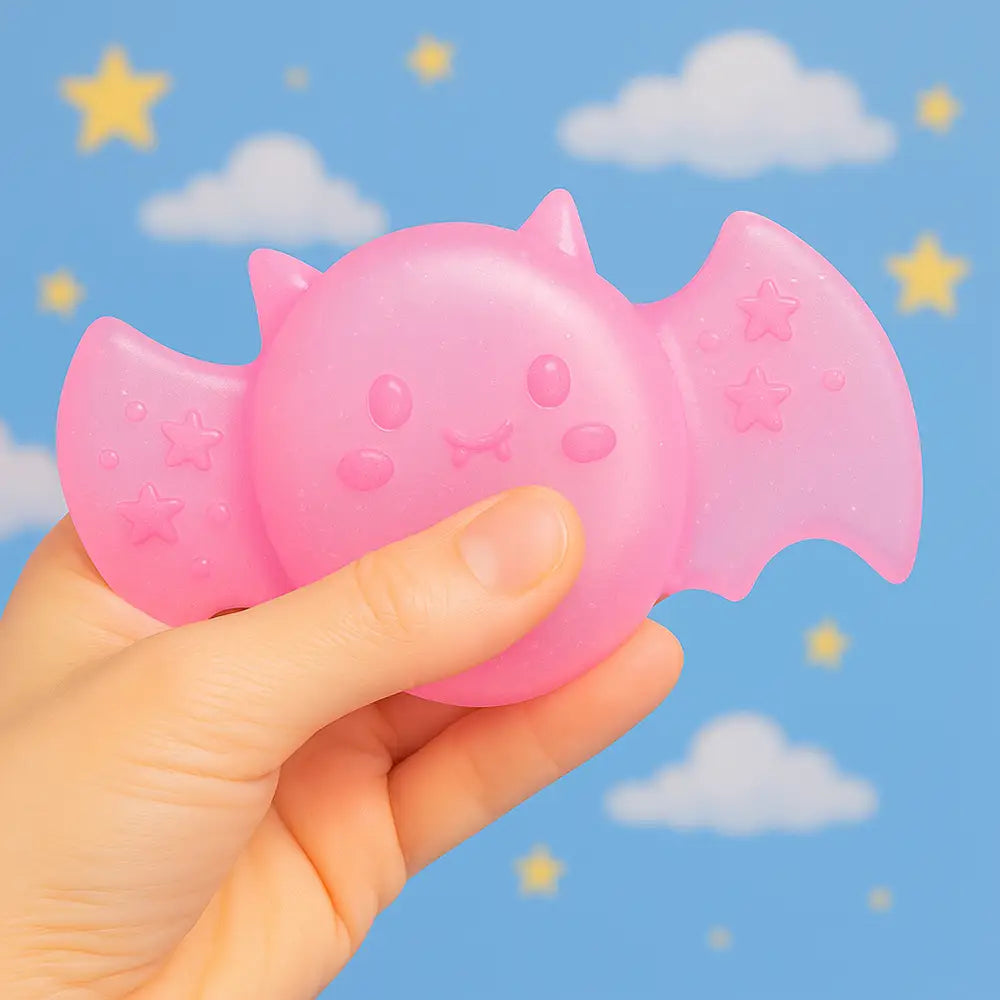 Pink bat-shaped squish toy held in a hand with a blue sky and stars background