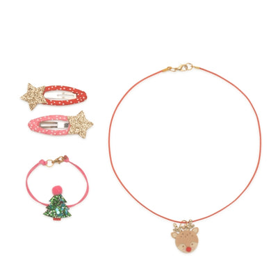 necklace with reindeer face attached, christmas tree attached to a bracelet and a gold star on 2 snap clips