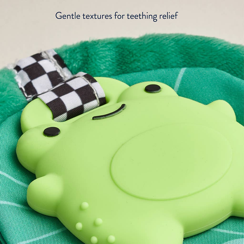 Green frog teething toy with checkered strap on a green background