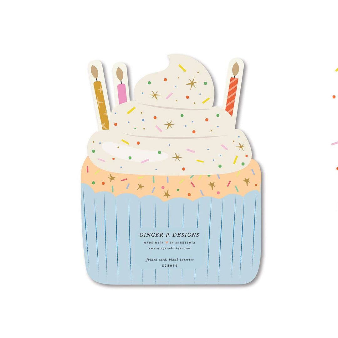back of a birthday card shaped like a cupcake. 