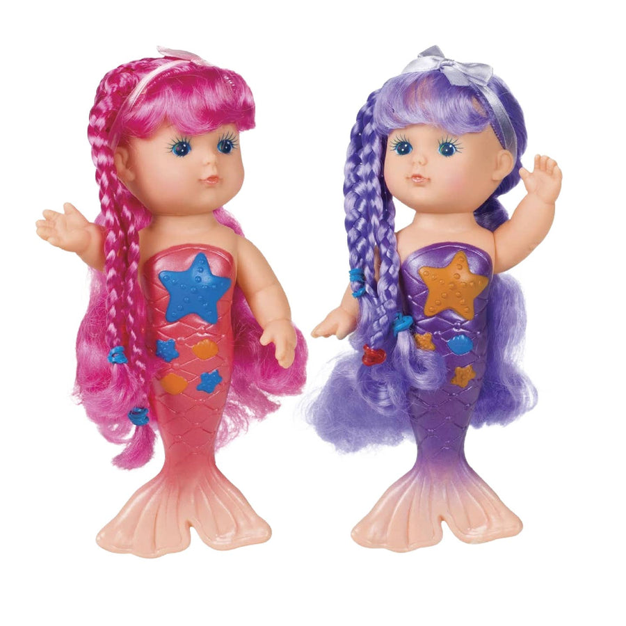 Two mermaid dolls with pink and purple hair and tails on a white background