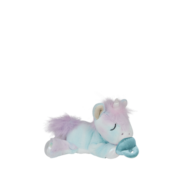 Plush toy rainbow unicorn with a pacifier on a white background
