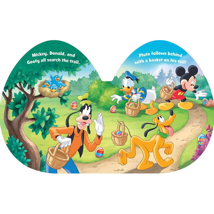Cartoon Easter egg with Mickey, Donald, Goofy, and Pluto searching for Easter eggs in a forest setting.