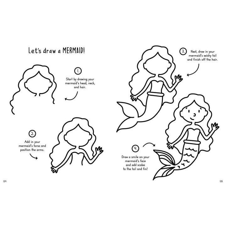 Step-by-step drawing guide for a mermaid with illustrations and text on a white background.