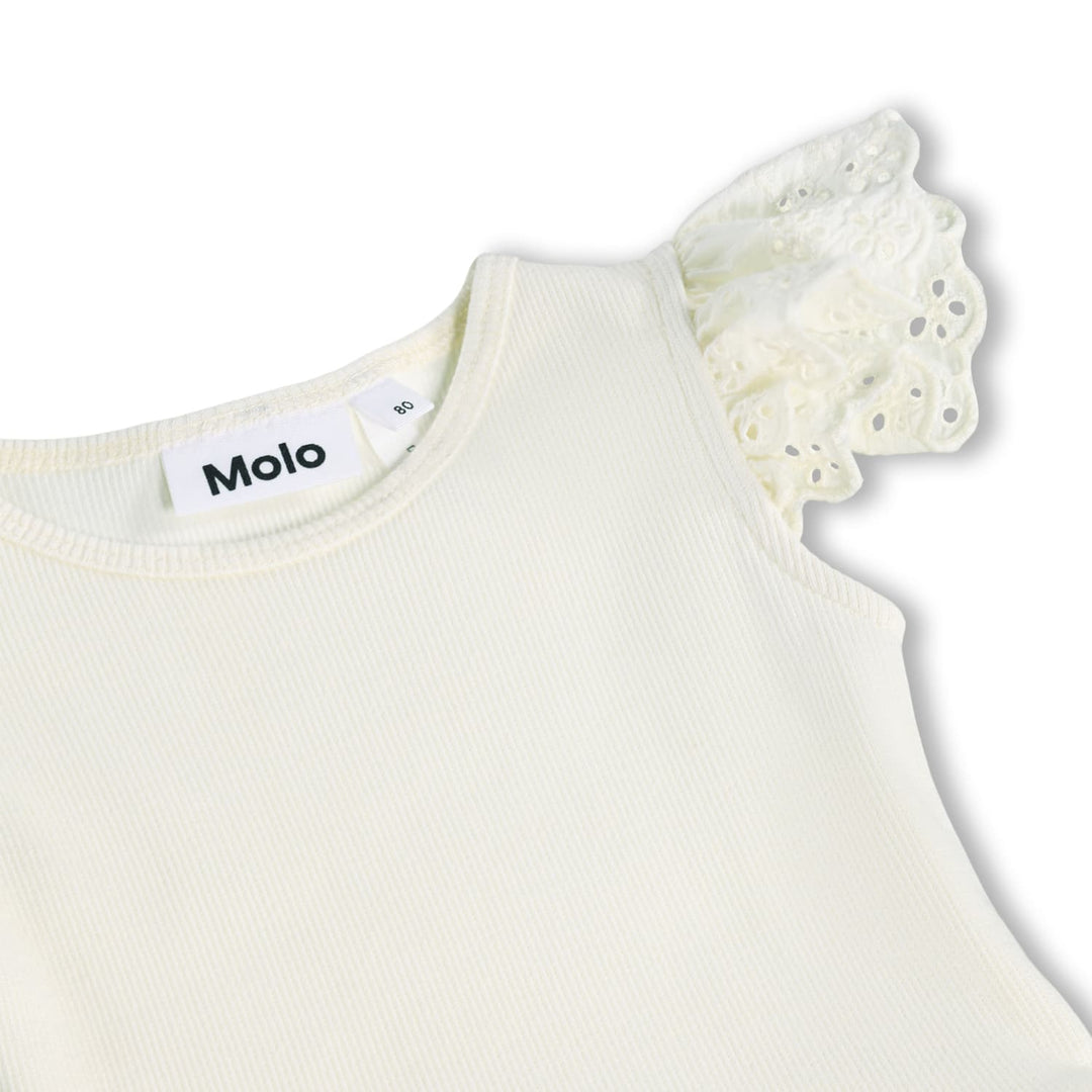 White baby dress with ruffled sleeves and Molo label on a white background