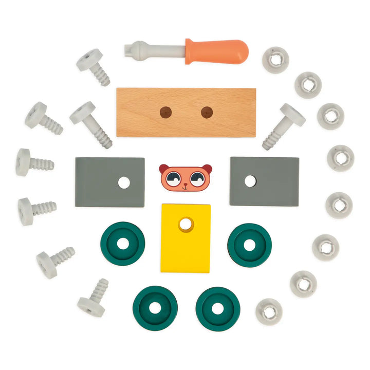 Set of screws, bolts, and wooden blocks on a white background