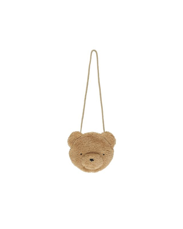 Teddy bear-shaped bag with a strap on a white background