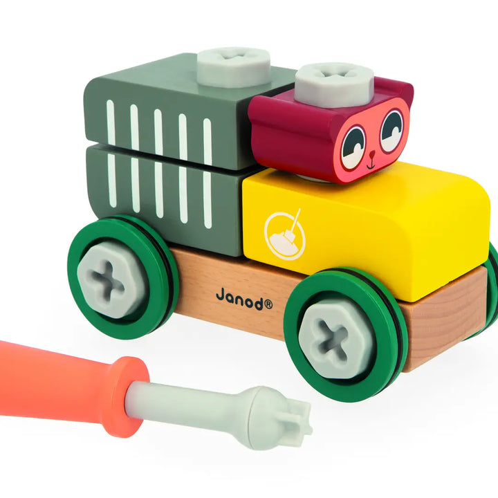 Colorful toy car set with wooden wheels and colorful carriages on a white background
