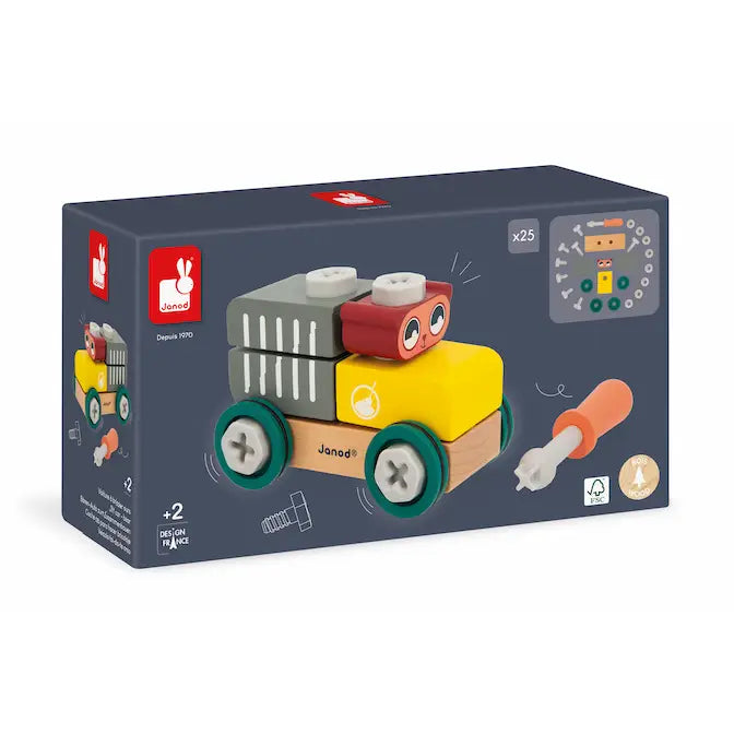 Toy building set packaging with colorful toy cars on a blue background