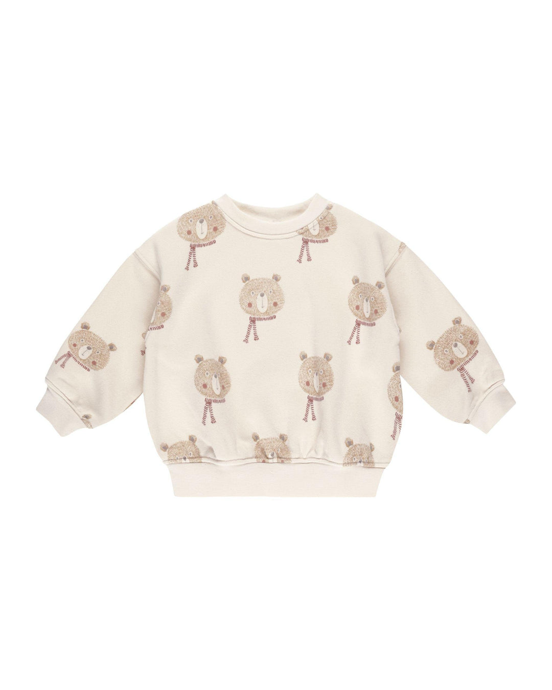 beige crewneck sweatshirt with bears wearing scarves. it is just the bear head and not the body. 