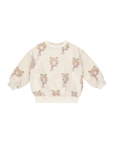 beige crewneck sweatshirt with bears wearing scarves. it is just the bear head and not the body. 