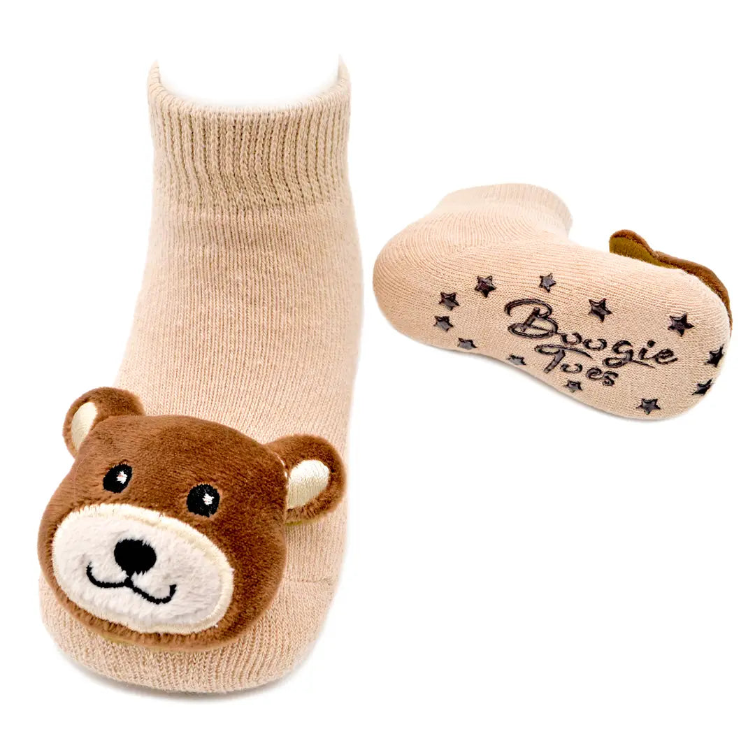 tan baby socks with tiny brown bear on the toes. 
