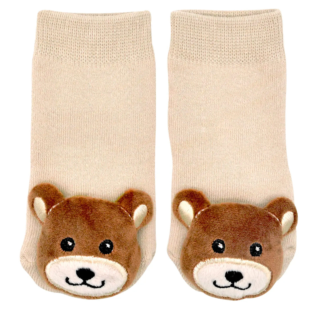 tan baby socks with brown bear on the toe. 