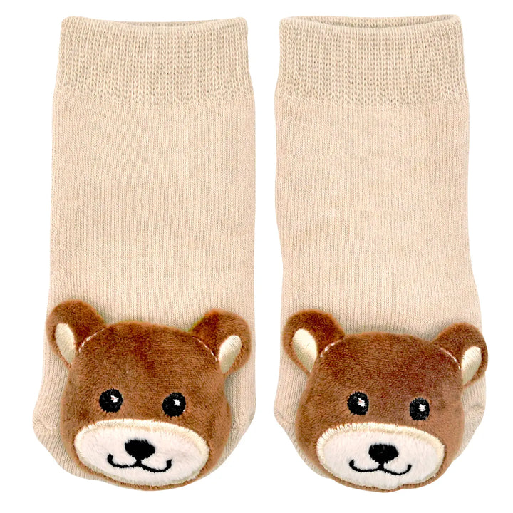 tan baby socks with brown bear on the toe. 