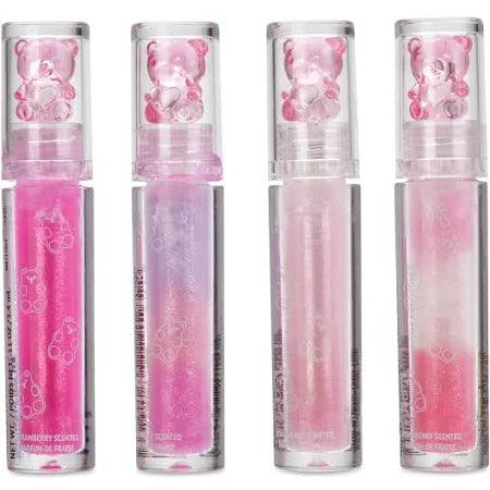 different color lip gloss all swirls of light pink and dark pink. each with a shimmer. 
