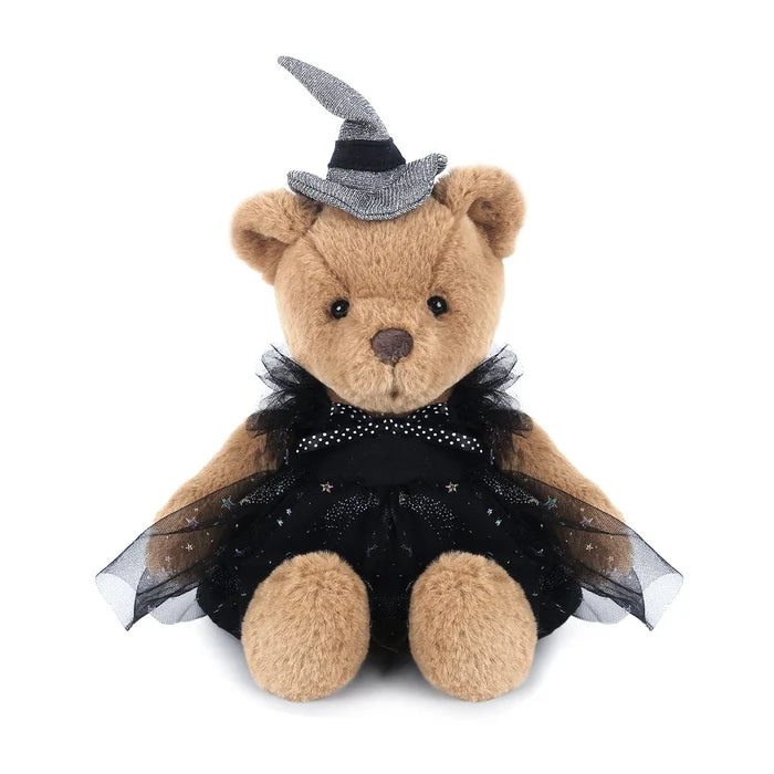 Teddy bear dressed as a witch with a black dress and hat on a white background