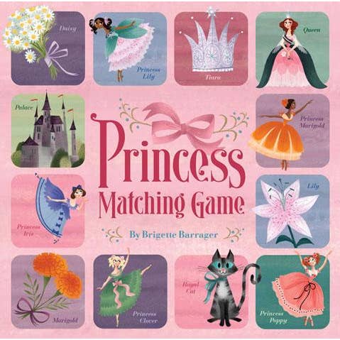 Princess-themed matching game book cover with illustrations of princesses, a cat, and other elements on a pink background.