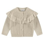 beige baby cardigan with ruffle across the chest