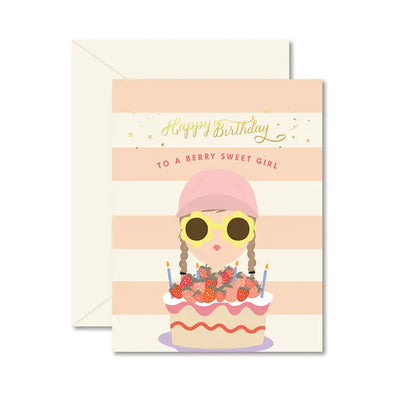 birthday card with peach and beige stripes and a picture of a girl with yellow sunglasses and a hat holding the birthday card 