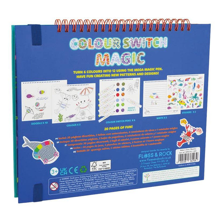 back of color switch magic book with instructions, pages to color in and pictures of stickers. 