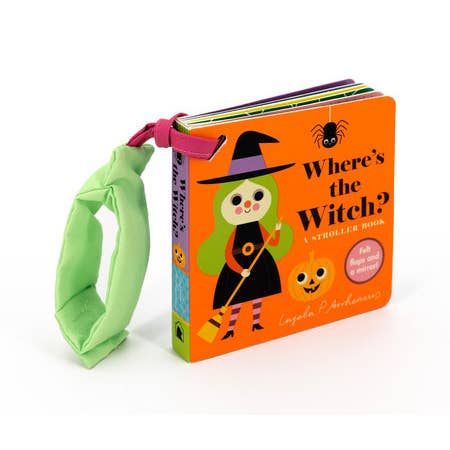 Children's book titled 'Where's the Witch?' with a witch illustration on an orange cover, featuring a green strap.