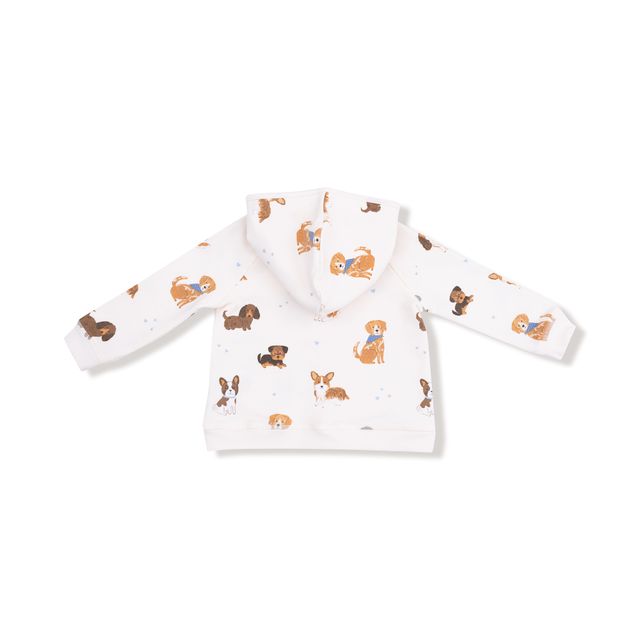 child's hooded sweatshirt with dog pattern on a white background